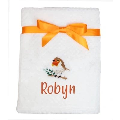 Image of TeddyT&#039;s Personalised Robin Embroidered Baby White Waffle Blanket