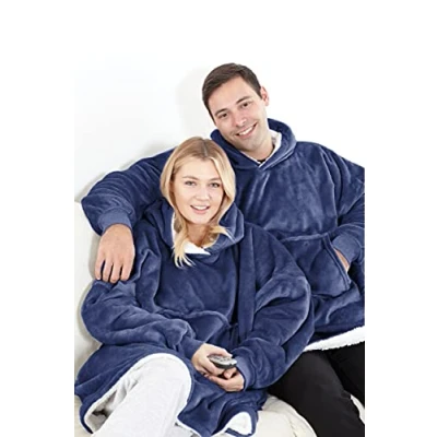 Image of Eskimo Oversized Sherpa Hoodie Sweatshirt Blanket Warm and Cozy Reversible with Pockets Navy Blue ONE Size FITS All