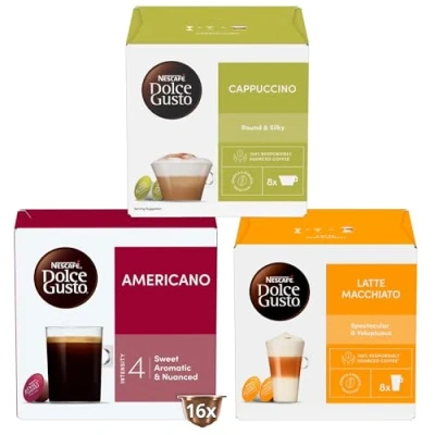 Image of Nescafé Dolce Gusto Coffee Pods Variety Pack Americano (16 Pods), Cappuccino (8 and Latte Macchiato Premium Selection for All Day Enjoyment 3