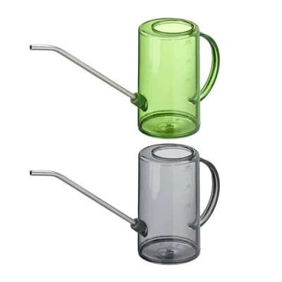 Image of Relaxdays Watering Can, Set of 2, 1 Litre Capacity, for Houseplants, Plastic &amp; Steel, Gardening, Long Neck, Grey Green, 19.5 x 10 34 cm