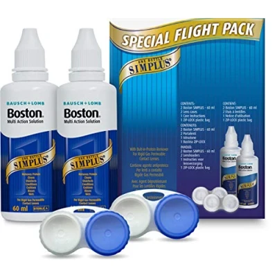 Image of Boston Simplus Travel Contact Lens Solution, 2x 60ml Flight Pack Size, Multi Action Solution for Rigid Gas Permeable Lenses, Clean, Disinfect &amp; Condition, Cases Convenience