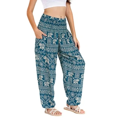 Image of Lofbaz Harem Pants for Women Yoga Boho Hippie Clothing Womens Palazzo Bohemian Pajama Trousers Beach Indian Gypsy Genie Clothes Elephant 1 Teal Green XL