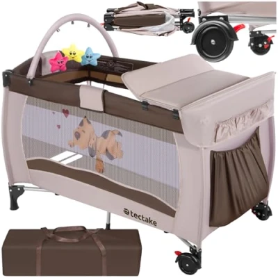 Image of TecTake 800032 New portable child baby travel cot bed playpen with entryway carry bag, 132 x 75 104 cm (Coffee)