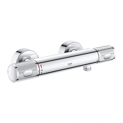 Image of GROHE Precision Feel Wall Mounted Exposed Thermostatic CoolTouch Shower Mixer (Knurl Grip, Safety Button at 38C, EcoButton, Metal Escutcheon), Size 313 x 80 mm, Chrome, 34790000