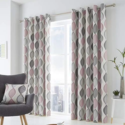 Image of Fusion Lennox 100% Cotton Eyelet Lined Curtains, Grey/Blush, 90 x 72 Inch
