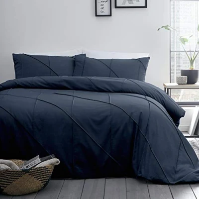 Image of Serene Navy Blue Diamond Pinch Pleat Duvet Cover Double Bedding Size (200 x 200cm) Luxury in Dark Pintuck Contemporary/Luxury Set The Dart Collection