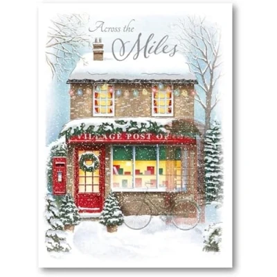Image of Noel Tatt Across the Miles Christmas Card, Single Cards with Village Post Office Design and Special Finishes Eco Friendly Xmas Envelope