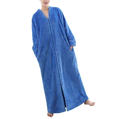 Image of DSNOW Ladies Zip Fleece Waffle Long Dressing Gown Fluffy Towelling Bathrobe Sleepwear, Rose Red, XL
