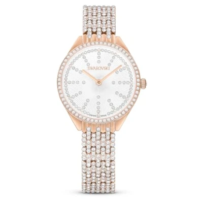 Image of Swarovski Attract Watch, Swiss Made with White Pavé Crystal Encrusted Silver Tone Face and Rose Gold Bracelet, from The Collection