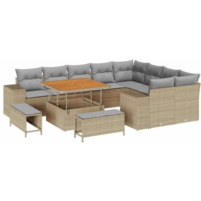 Image of vidaXL 12 Piece Garden Sofa Set with Cushions Beige Poly Rattan Acacia