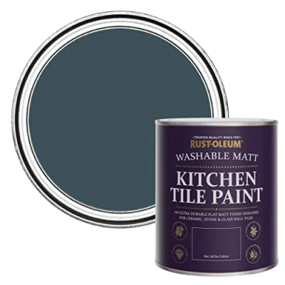Image of Rust Oleum Blue water resistant Kitchen Tile Paint in Matt Finish Evening 750ml