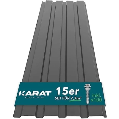 Image of KARAT Metal Roofing Sheets 115 x 45 cm (Pack of 15) 7.7 m² Corrugated Roof Sheeting Plates Cladding for Garage, Shed, Carport and Greenhouse, Galvanised Coated, Grey (incl. 30x Screws)