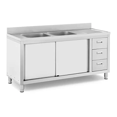 Image of Royal Catering RC IKS04 Commercial Kitchen Sink 2 Basins Stainless Steel 400 x 300 mm Free Standing (Stainless Steel, Basins, Adjustable Feet, Cabinet)