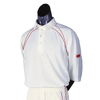 Image of Gunn &amp; Moore Men&#039;s Teknik Club Short Sleeve Cricket Shirt Cream/Maroon, Large