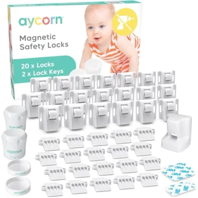 Image of AYCORN® Magnetic Safety Cupboard Locks for Children [20 &amp; 2 Keys] Child Baby Proofing Kitchen, Cabinets and Drawers, 30 Second Install (2 Spare Keys) White
