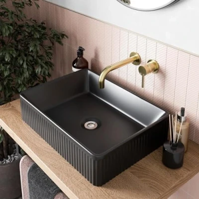 Image of BAYSTONE® Fluted Countertop Basin for Bathroom and Cloakroom Hand Wash Basins Sink Modern Matt Black Rectangular, 503 x 365mm