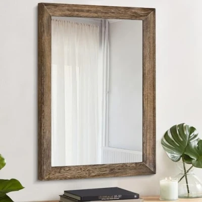 Image of AAZZKANG Rustic Wood Mirror Rectangle Decorative Large Wall 50 x 40 cm with Frame Bedroom Living Room Bathroom Hanging Brown