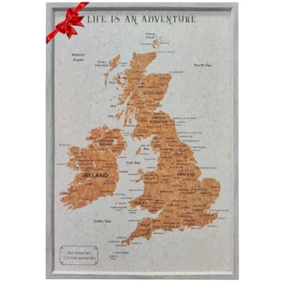 Image of Splosh Travel Map Large UK &amp; Ireland Pin Board in Grey, Wooden Frame. with 100 Pins 2 Colours to Mark Your Past Future Adventures, of Ireland.