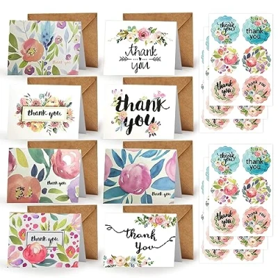 Image of 24 Pack Thank You Cards, Greeting Cards Multipack with Envelopes and Stickers, for Teachers, Graduation, Wedding, Family, Birthday, Business (Flowers)