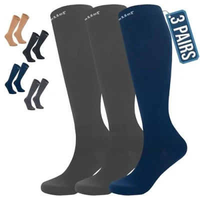 Image of 360 RELIEF 3 Pairs Flight Compression Socks for Women &amp; Men, Comfortable Travel, Circulation Leg Relief, Pregnancy Support, S/M, 2Grey+1Blue + Laundry Bag