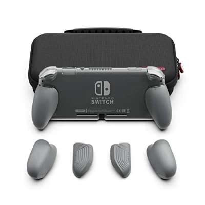 Image of Skull &amp; Co. GripCase Lite Bundle: A Comfortable Protective Case with Replaceable Grips [to fit all hands sizes] for Nintendo Switch [with Carrying Case] Gray