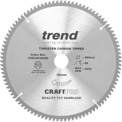 Image of Trend Aluminium &amp; Plastic Circular Saw Blade, 260mm Diameter, 30mm Bore, 96 Teeth, TCT, 2.8mm Kerf, 6 Hook, CSB/AP26096