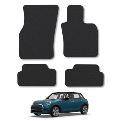 Image of Rubber Car Mats Compatible with Mini Cooper (2014 ) [5 Door] [F55] Tailored Fit Floor Set Accessory Black Custom 4 Pieces Clips Anti Slip Backing, Heavy Duty &amp; Waterproof