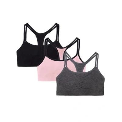 Image of Fruit of the Loom Women&#039;s Spaghetti Strap Cotton Pull Over 3 Pack Sports Bra in Fashion Colors, Opaque, Blushing Rose with Black/Charcoal/Black, 38 (Pack 3)