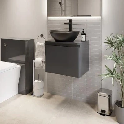 Image of Affine® 500mm Vanity Unit Bathroom Wall Mounted Storage Cabinet Cupboard Cloakroom, Soft Close Drawer, Roubaix Black Countertop Basin Sink, Grey Gloss
