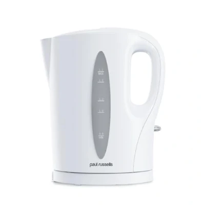 Image of Paul Russells White Plastic Kettle 1.7L Capacity, Perfect for 7 Cups, Family Size, Clear Water Window, LED Indicator, 2200w Quite boil, Sleek and Simple, Boil Dry Protection, Cord free Serving.