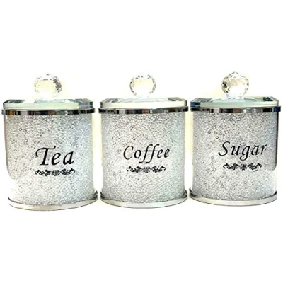 Image of Biznest Diamond Crushed &amp; Crystal Filled Set of 3 Kitchen Storage Canisters Tea Coffee Sugar Jars (White)