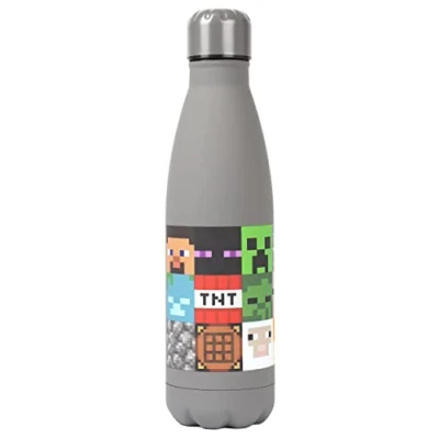 Image of Minecraft Stainless Steel Water Bottle Grey Mob Characters Video Game Kids 550ml Gifts Official Merchandise