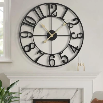 Image of Large Black Wall Clock 24 Inch Retro Decorative Oversized Farmhouse Arabic Numerals Silent Non Ticking Kitchen Clocks Battery Operated Metal for Living Room, Classroom, Office Decor