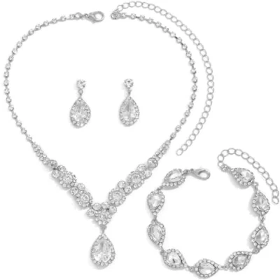 Image of FDEETY Jewelry Sets for Women Rhinestone Necklace Bracelet Dangle Earrings Bride Bridesmaid Crystal Cubic Zirconia Bridal Wedding (Silver)