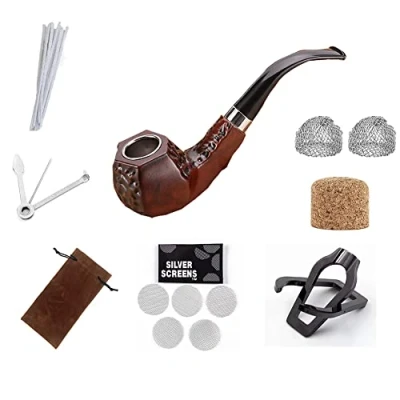 Image of Thitex Wooden Smoking Pipe,Tobacco Cigar Pipes for with 3 in 1 Pipe Scraper, Stand Holder,&amp; Other Cleaning Accessories