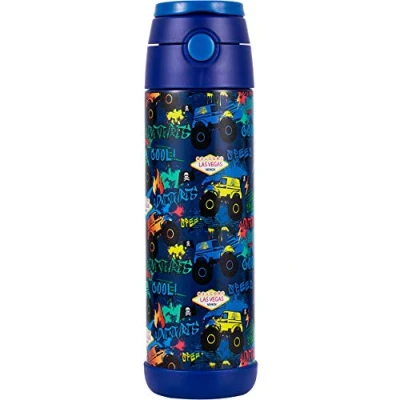 Image of Snug Kids Flask Stainless Steel Insulated Water Bottle with Straw for Children/Toddlers (Girls/Boys) Monster Trucks, 500ml