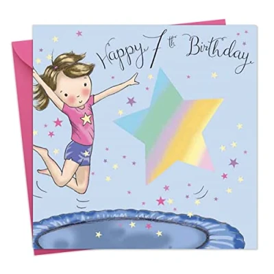 Image of Twizler 7th Birthday Card For Girl with Trampoline Seven Year Old Age 7 Childrens Girls Happy