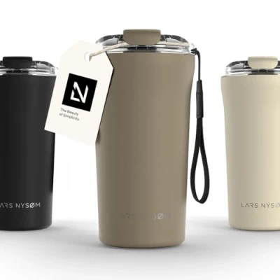 Image of LARS NYSØM Thermo Coffee Mug to Go with Strap 17oz Travel 0.5 Liter Insulation Leak Proof Stainless Steel Thermal for and Tea (Taupe Brown, 500ml)