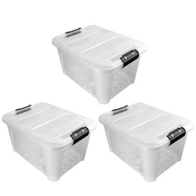 Image of JVL Plastic Secure Clip Lidded Storage Box, Stackable &amp; Nestable, Clear, Set of 3, 30L