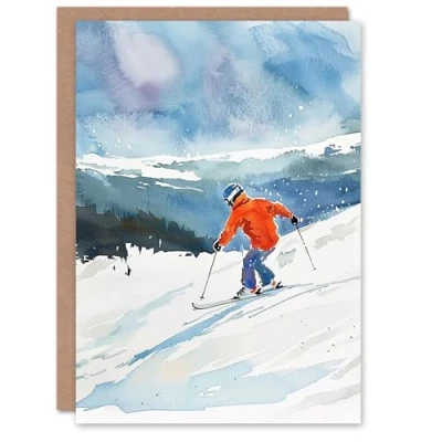 Image of Artery8 Winter Sport Snow Ski Skiing Alps Watercolour Blank For Him Or Her Art Birthday Card