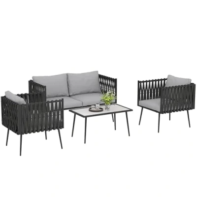 Image of Outsunny 4 Piece Outdoor Garden Furniture Set with Cushions, Seater Sofa Loveseat, Armchairs and Faux Marble Top Table, for Patio, Conservatory, Light Grey