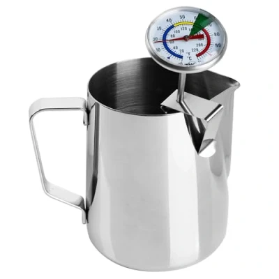 Image of Milk Thermometer and 600ml Frother Jug for Perfect Barista Style Coffee Making Great Frothy Latte Cappuccino