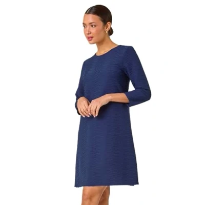 Image of Roman Originals Textured A Line Stretch Dress for Women UK Ladies Everyday Holiday Spring Summer Round Neckline Comfy Soft Evening Vacation Work Party Navy Size 18