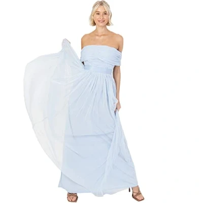 Image of Womens Ladies Maxi Dress Bardot Off Shoulder with Belt Long Empire Waist for Wedding Guest Prom Evening Gown Bridesmaid Light Blue Size 24