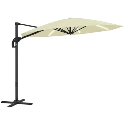 Image of Outsunny 3(m) Cantilever Garden Parasol with Solar Powered Lights, Crank Handle &amp; Cross Base, UPF 50+, 360 Rotation, Overhanging Patio Umbrella for Market, Cream