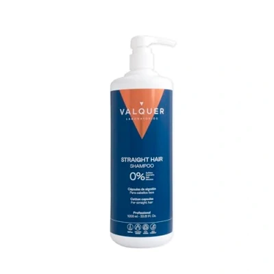 Image of Valquer Straight Hair Shampoo formulated with panthenol and cotton capsules. Delicate exclusive formula without Salt, Sulfates, Silicones Parabens. It prevent irritation itching. 1000 ml