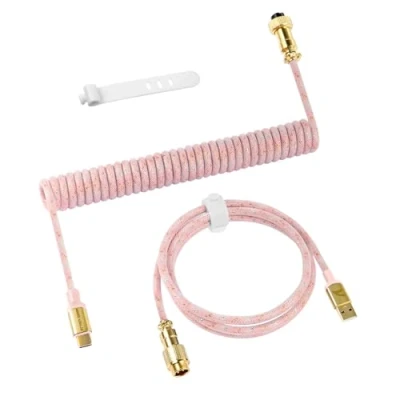 Image of ATTACK SHARK C03 Coiled USB C Cable for Gaming Keyboard, Type to A, PRO Custom Braided Double sleeved Mechanical Keyboard Charger with Gold plate Detachable Aviator Connector, Pink