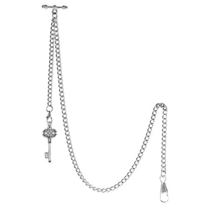 Image of TREEWETO Men&#039;s Albert Chain Pocket Watch Curb Link Key 2 Hooks with Antique Pendant Design Charm Fob T Bar, Silver