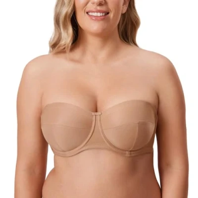 Image of Delimira Women&#039;s Strapless Bras Underwire Non Padded Support Multiway Bandeau Bra for Bigger Bust Natural 36C