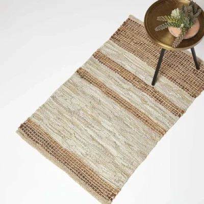 Image of HOMESCAPES Brown Genuine Leather Rug Handwoven Stripe Design Recycled Eco Friendly Real Rug, 60 x 90 cm